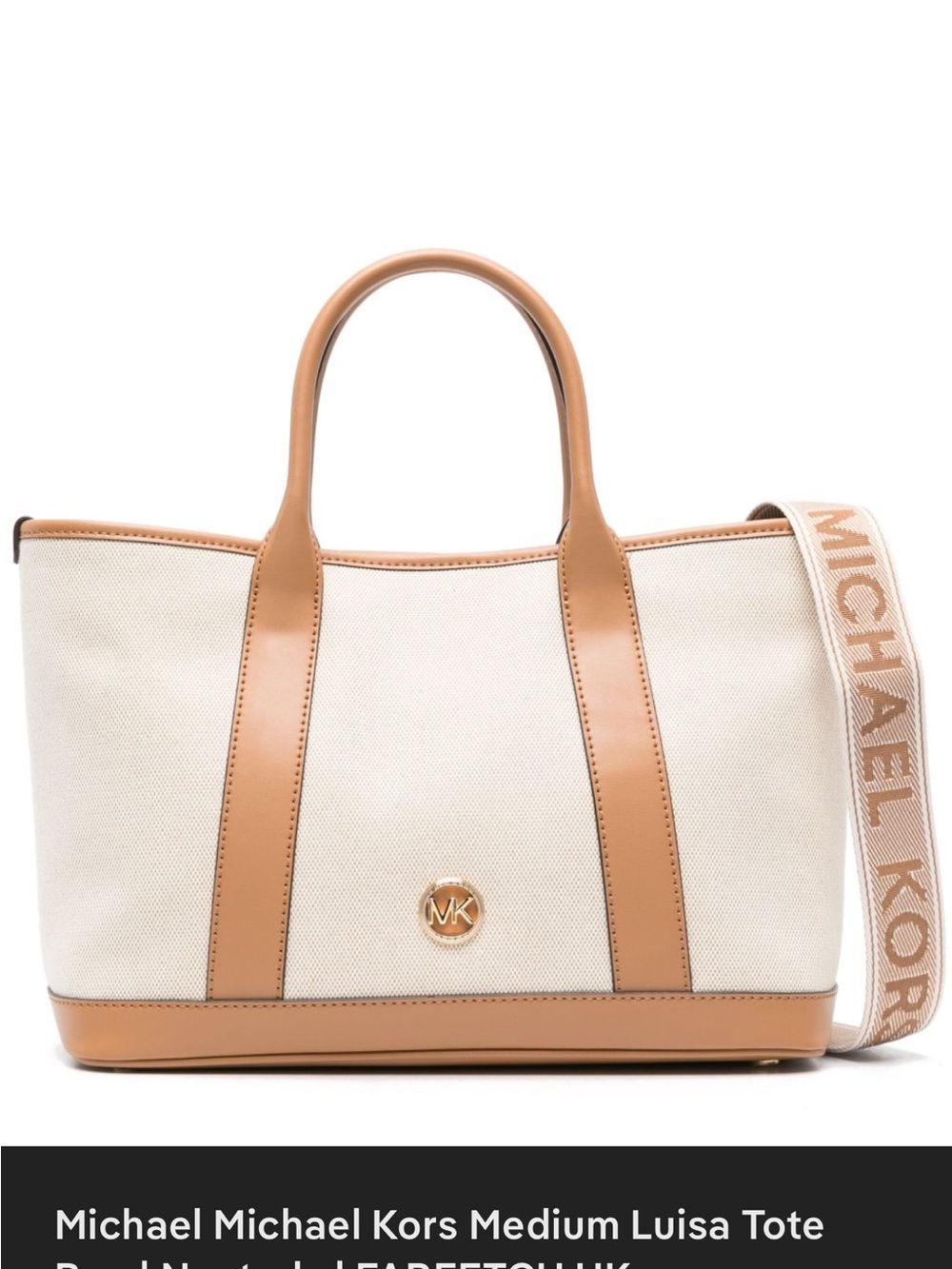 Michael Kors Cream Canvas Tote with Tan Leather Trim and Logo Strap